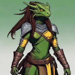 A green dragonborn character from Dungeons and Dragons with yellow eyes and scale dreadlocks