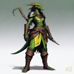 A green dragonborn character from Dungeons and Dragons with yellow eyes and scale dreadlocks