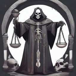 An illustration of a priest of Kelemvor, marked with the symbol of a skeletal arm holding up a set of scales