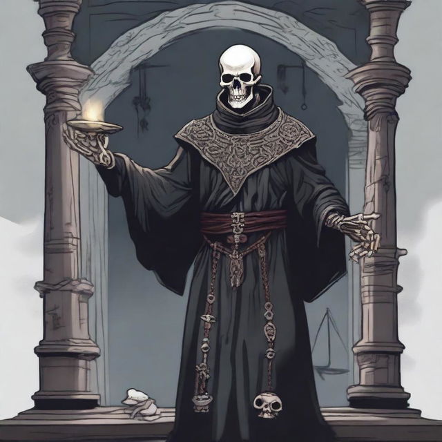 An illustration of a priest of Kelemvor, marked with the symbol of a skeletal arm holding up a set of scales