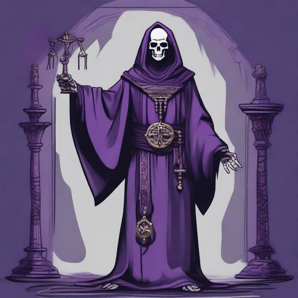 An illustration of a human priest of Kelemvor, wearing purple robes marked with the symbol of a skeletal arm holding up a set of scales