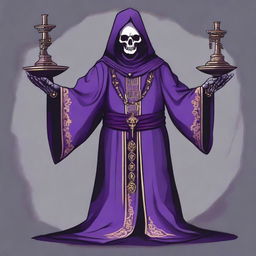 An illustration of a human priest of Kelemvor, wearing purple robes marked with the symbol of a skeletal arm holding up a set of scales