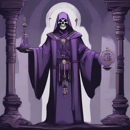 An illustration of a human priest of Kelemvor, wearing purple robes marked with the symbol of a skeletal arm holding up a set of scales