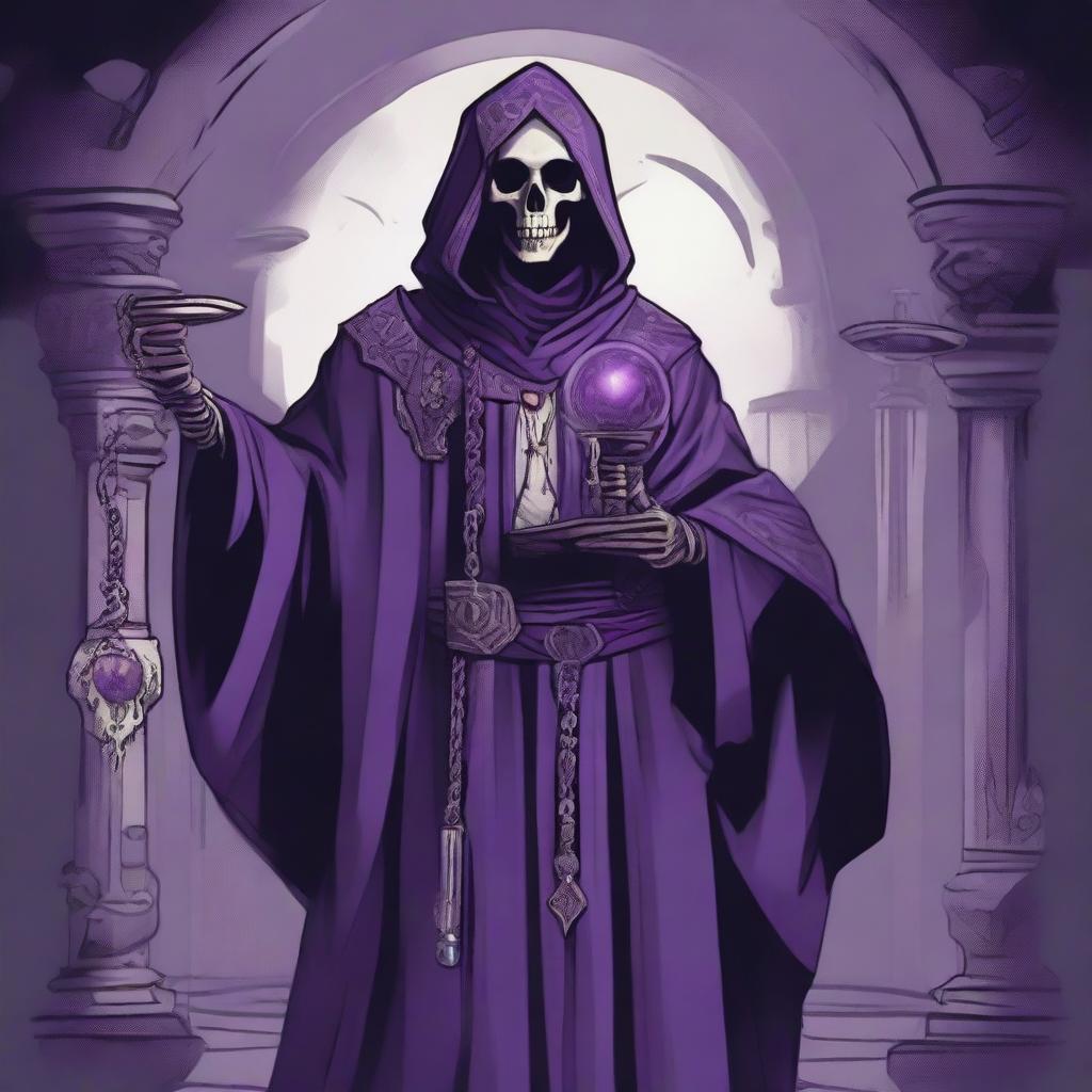 An illustration of a human priest of Kelemvor, wearing purple robes marked with the symbol of a skeletal arm holding up a set of scales