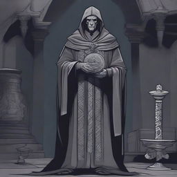 An illustration of a human priest of Kelemvor, wearing somber gray robes marked with the symbol of a set of scales