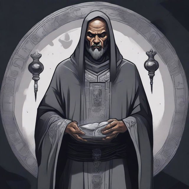 An illustration of a human priest of Kelemvor, wearing somber gray robes marked with the symbol of a set of scales