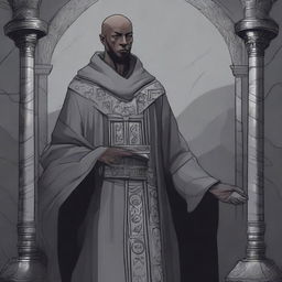 An illustration of a human priest of Kelemvor, wearing somber gray robes marked with the symbol of a set of scales