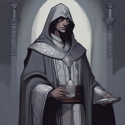 An illustration of a human priest of Kelemvor, wearing somber gray robes marked with the symbol of a set of scales