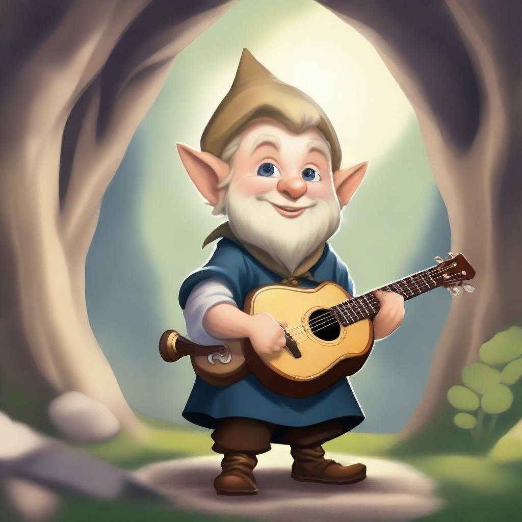 A handsome bard gnome with short, blonde hair and a slightly strong body in the style of Dungeons & Dragons