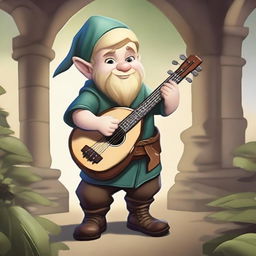 A handsome bard gnome with short, blonde hair and a slightly strong body in the style of Dungeons & Dragons