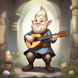 A handsome bard gnome with short, blonde hair and a slightly strong body in the style of Dungeons & Dragons