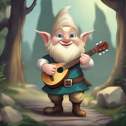 A handsome bard gnome with short, blonde hair and a slightly strong body in the style of Dungeons & Dragons