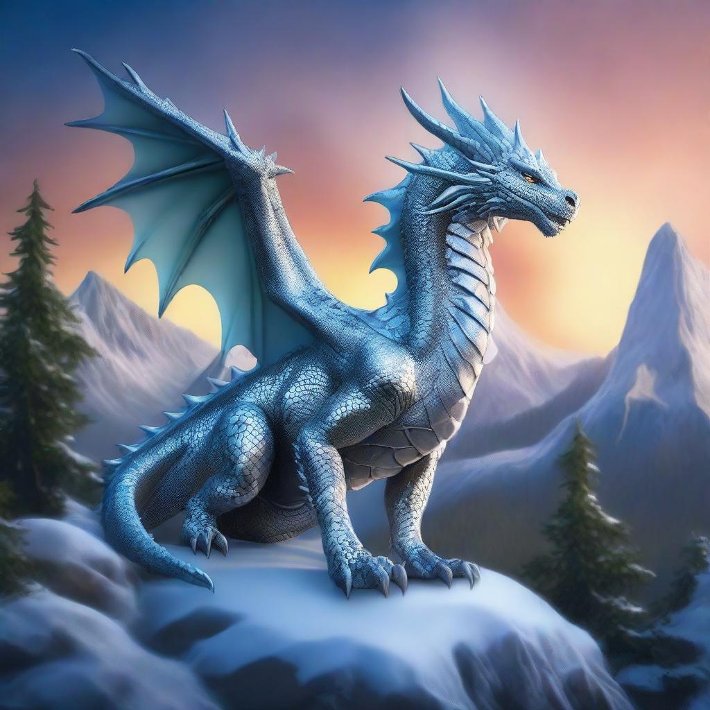 A majestic adult Dungeons & Dragons silver dragon sitting atop a frozen mountain, watching the sun set over a sprawling temperate forest