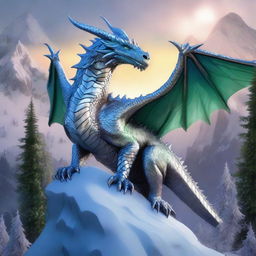 A majestic adult Dungeons & Dragons silver dragon sitting atop a frozen mountain, watching the sun set over a sprawling temperate forest