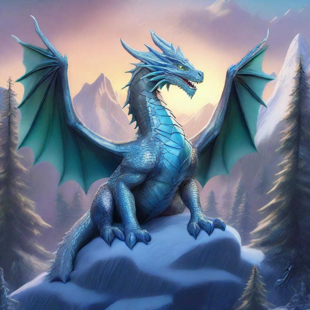 A majestic adult Dungeons & Dragons silver dragon sitting atop a frozen mountain, watching the sun set over a sprawling temperate forest