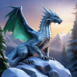 A majestic adult Dungeons & Dragons silver dragon sitting atop a frozen mountain, watching the sun set over a sprawling temperate forest