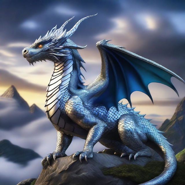 A majestic silver dragon with shining metallic scales, vibrant cobalt eyes, and highlights