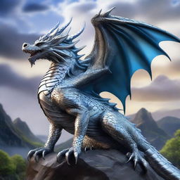 A majestic silver dragon with shining metallic scales, vibrant cobalt eyes, and highlights