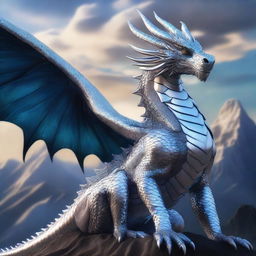 A majestic silver dragon with shining metallic scales, vibrant cobalt eyes, and highlights