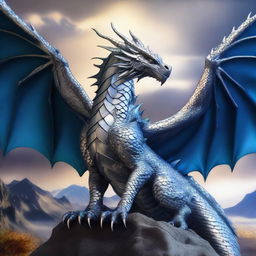 A majestic silver dragon with shining metallic scales, vibrant cobalt eyes, and highlights