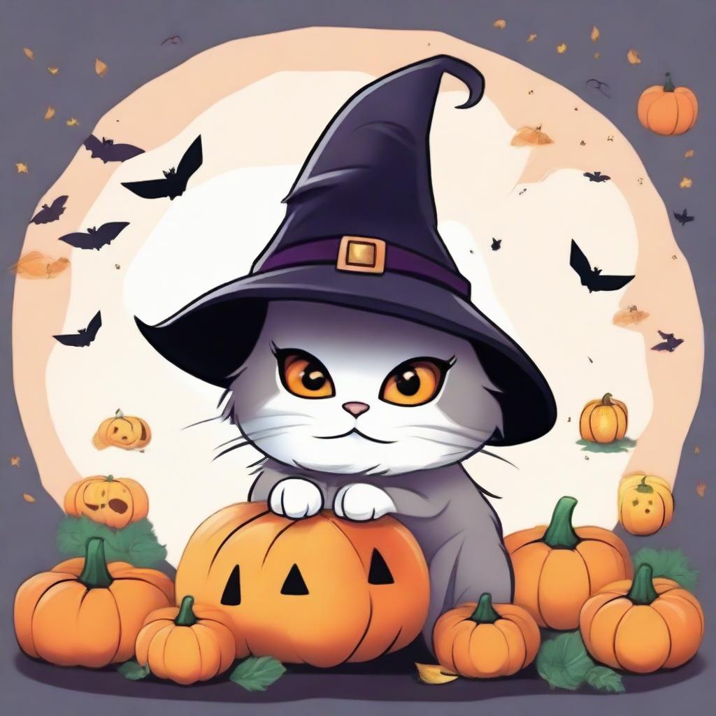 A high quality illustration of a fluffy cat wearing a witch hat, surrounded by pumpkins