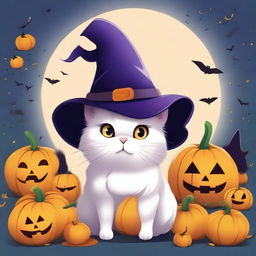 A high quality illustration of a fluffy cat wearing a witch hat, surrounded by pumpkins