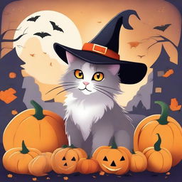 A high quality illustration of a fluffy cat wearing a witch hat, surrounded by pumpkins