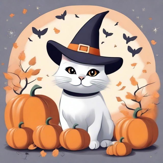 A high quality illustration of a fluffy cat wearing a witch hat, surrounded by pumpkins