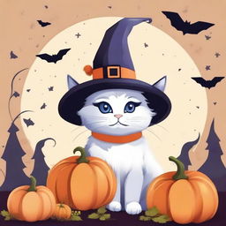 A high quality illustration of a cute, fluffy cat wearing a witch hat, surrounded by pumpkins