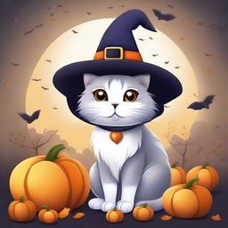 A high quality illustration of a cute, fluffy cat wearing a witch hat, surrounded by pumpkins