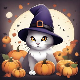 A high quality illustration of a cute, fluffy cat wearing a witch hat, surrounded by pumpkins