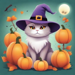 A high quality illustration of a cute, fluffy cat wearing a witch hat, surrounded by pumpkins