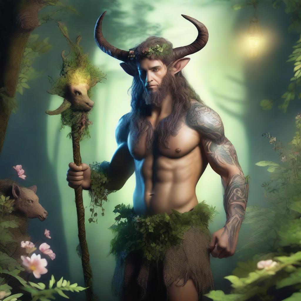 A mystical satyr druid standing in an enchanted forest, surrounded by glowing plants and magical creatures