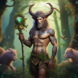 A mystical satyr druid standing in an enchanted forest, surrounded by glowing plants and magical creatures