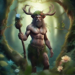 A mystical satyr druid standing in an enchanted forest, surrounded by glowing plants and magical creatures