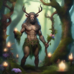 A mystical satyr druid standing in an enchanted forest, surrounded by glowing plants and magical creatures