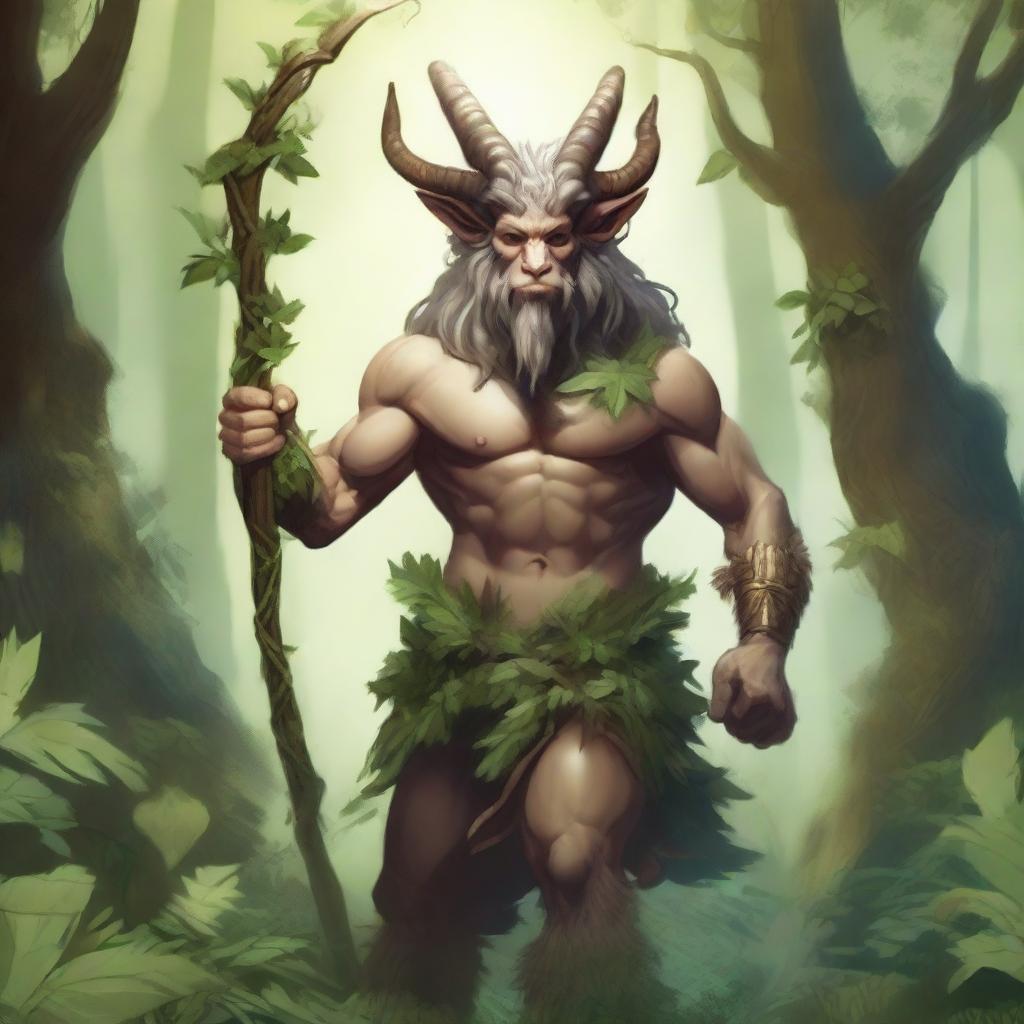 A detailed illustration of a Satyr druid wielding a magical staff, surrounded by lush forest scenery