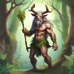 A detailed illustration of a Satyr druid wielding a magical staff, surrounded by lush forest scenery