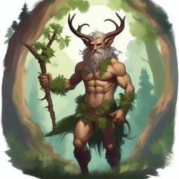 A detailed illustration of a Satyr druid wielding a magical staff, surrounded by lush forest scenery