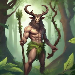 A detailed illustration of a Satyr druid wielding a magical staff, surrounded by lush forest scenery