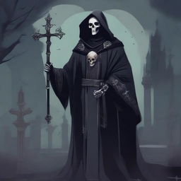 A detailed illustration of a male Reborn death cleric, dressed in dark, gothic robes adorned with skull motifs