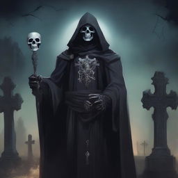 A detailed illustration of a male Reborn death cleric, dressed in dark, gothic robes adorned with skull motifs