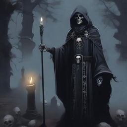 A detailed illustration of a male Reborn death cleric, dressed in dark, gothic robes adorned with skull motifs