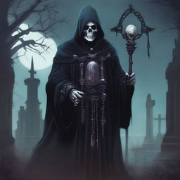 A detailed illustration of a male Reborn death cleric, dressed in dark, gothic robes adorned with skull motifs