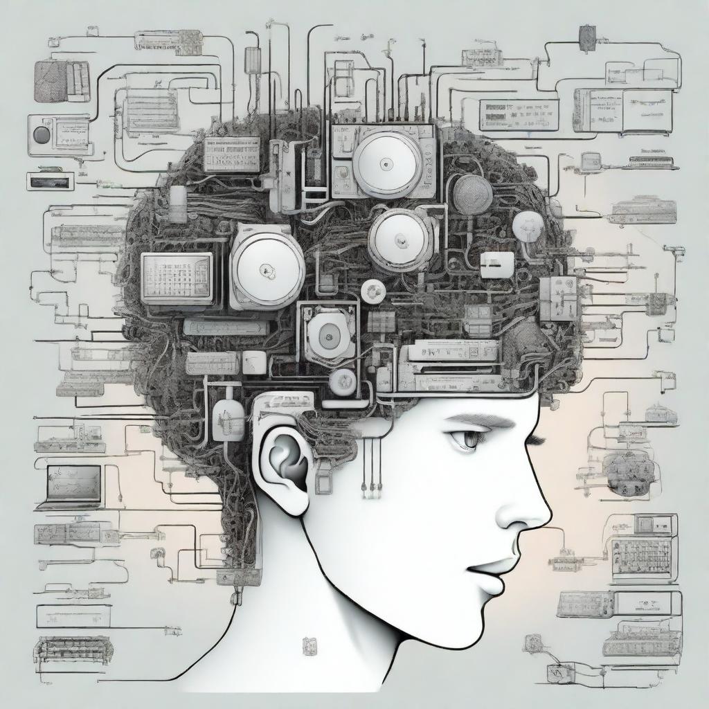 A detailed and imaginative illustration of a boy's brain with various consoles and control panels inside, symbolizing his thoughts and emotions being managed like a complex machine