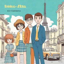 Create a book cover featuring three young people, two boys and one girl, in Paris during the 1960s