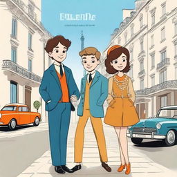 Create a book cover featuring three young people, two boys and one girl, in Paris during the 1960s