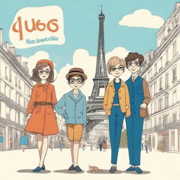 Create a book cover featuring three young people, two boys and one girl, in Paris during the 1960s