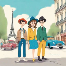 Create a book cover featuring three young people, two boys and one girl, in Paris during the 1960s