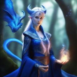 A graceful female High Elf draconic sorcerer with blue dragon-like features, including scales and horns